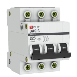 Автоматический выключатель 3P 25А (C) 4,5кА ВА 47-29 EKF Basic mcb4729-3-25C