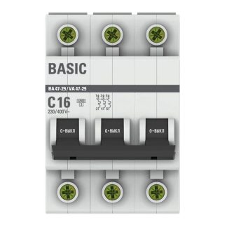 Автоматический выключатель 3P 16А (C) 4,5кА ВА 47-29 EKF Basic mcb4729-3-16C