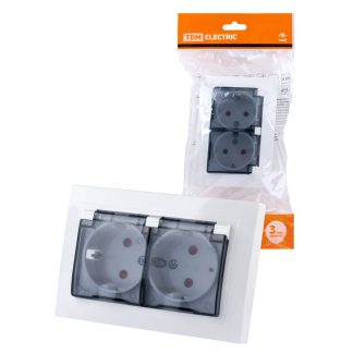 Розетка 2-я с з/к с защ. шт. и прозр. крышкой 16А 250В IP44 СУ серия Таймыр, белая, TDM SQ1814-0077
