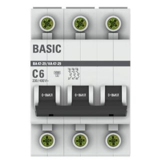 Автоматический выключатель 3P 06А (C) 4,5кА ВА 47-29 EKF Basic mcb4729-3-06C