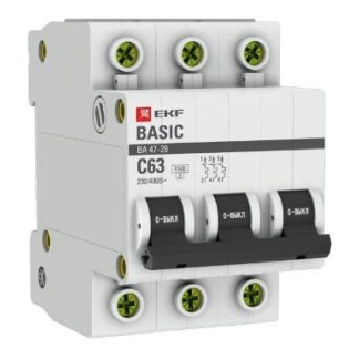 Автоматический выключатель 3P 63А (C) 4,5кА ВА 47-29 EKF Basic mcb4729-3-63C